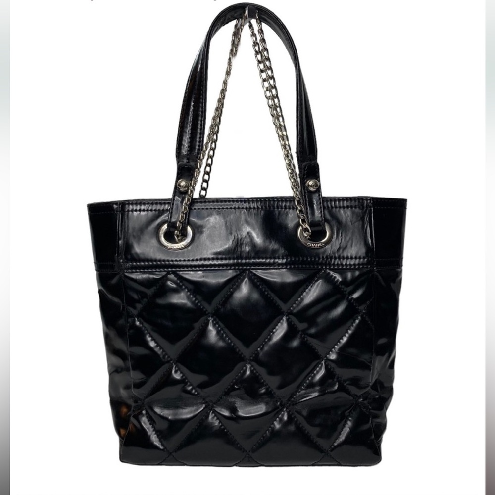 Chanel Biarritz Black Patent
Leather Quilted Bucket Tote Bag